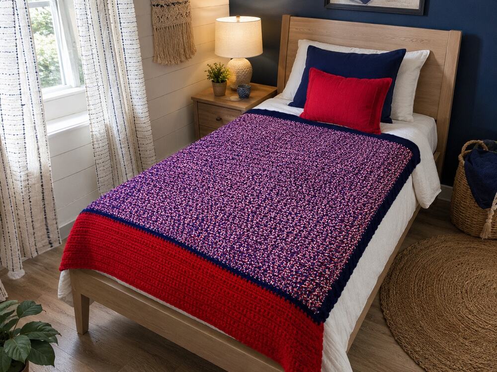 Handmade Crochet Red White Blue Afghan Blanket 79 1/2 x 41.5” Patriotic Throw